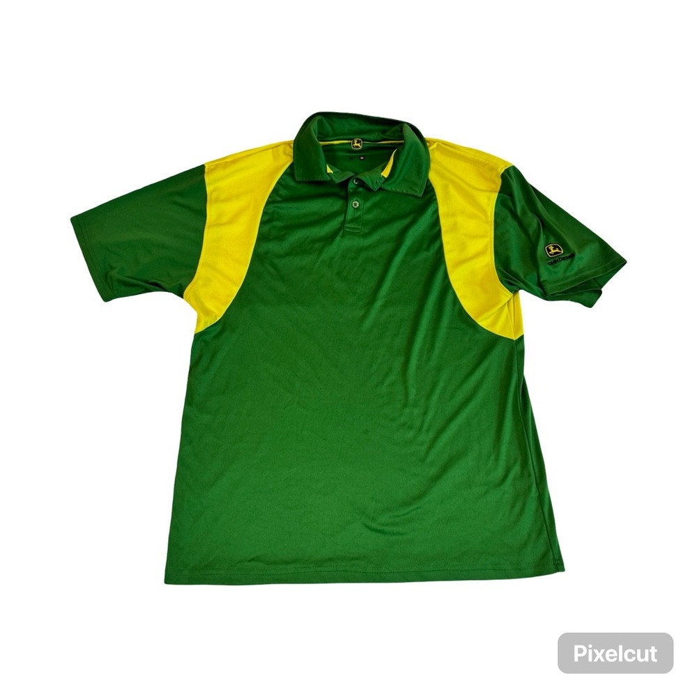 John Deere Mens‎ Green Yellow Colorblock Performance Polo Shirt Size M Logo